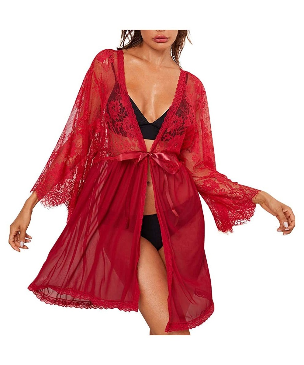 Baby Dolls & Chemises Women's Sexy Long Sleeve Perspective Sexy Nightdress Lingerie Lace Underwear (Red XL) - C41970KCLN8