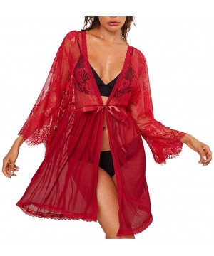 Baby Dolls & Chemises Women's Sexy Long Sleeve Perspective Sexy Nightdress Lingerie Lace Underwear (Red XL) - C41970KCLN8