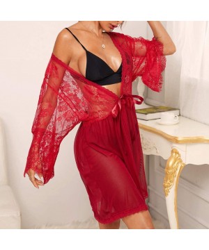 Baby Dolls & Chemises Women's Sexy Long Sleeve Perspective Sexy Nightdress Lingerie Lace Underwear (Red XL) - C41970KCLN8