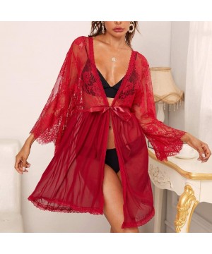 Baby Dolls & Chemises Women's Sexy Long Sleeve Perspective Sexy Nightdress Lingerie Lace Underwear (Red XL) - C41970KCLN8