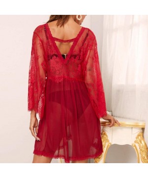 Baby Dolls & Chemises Women's Sexy Long Sleeve Perspective Sexy Nightdress Lingerie Lace Underwear (Red XL) - C41970KCLN8