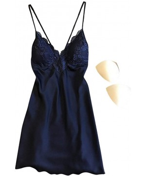 Tops Sleepwear for Women Sexy Lace Splicing Teddy Lingerie Straps Backless Chemise Nightgown Nightdress - Navy - CL193IZAUO7