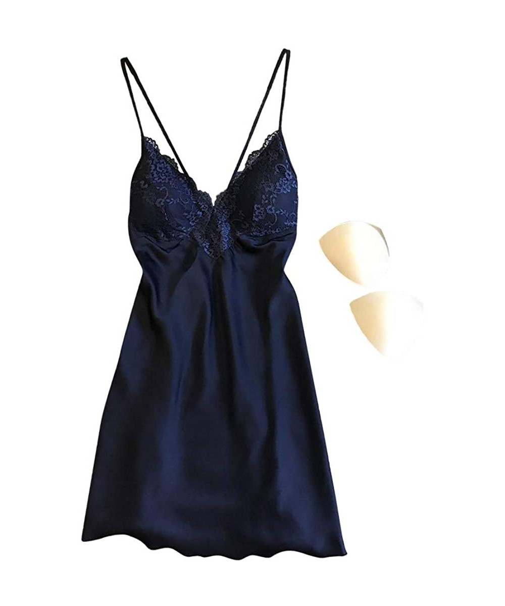 Tops Sleepwear for Women Sexy Lace Splicing Teddy Lingerie Straps Backless Chemise Nightgown Nightdress - Navy - CL193IZAUO7