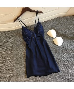 Tops Sleepwear for Women Sexy Lace Splicing Teddy Lingerie Straps Backless Chemise Nightgown Nightdress - Navy - CL193IZAUO7