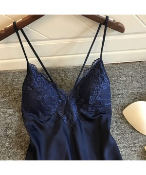 Tops Sleepwear for Women Sexy Lace Splicing Teddy Lingerie Straps Backless Chemise Nightgown Nightdress - Navy - CL193IZAUO7