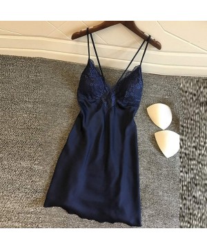 Tops Sleepwear for Women Sexy Lace Splicing Teddy Lingerie Straps Backless Chemise Nightgown Nightdress - Navy - CL193IZAUO7