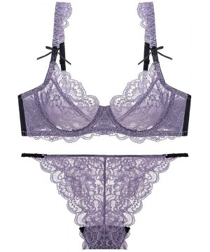 Bras Women's Floral Lace Bra and Panty Set Sexy Underwire Ultra-Thin Bra Set Transparent Lingerie Set - Purple - CE190YYAKI4