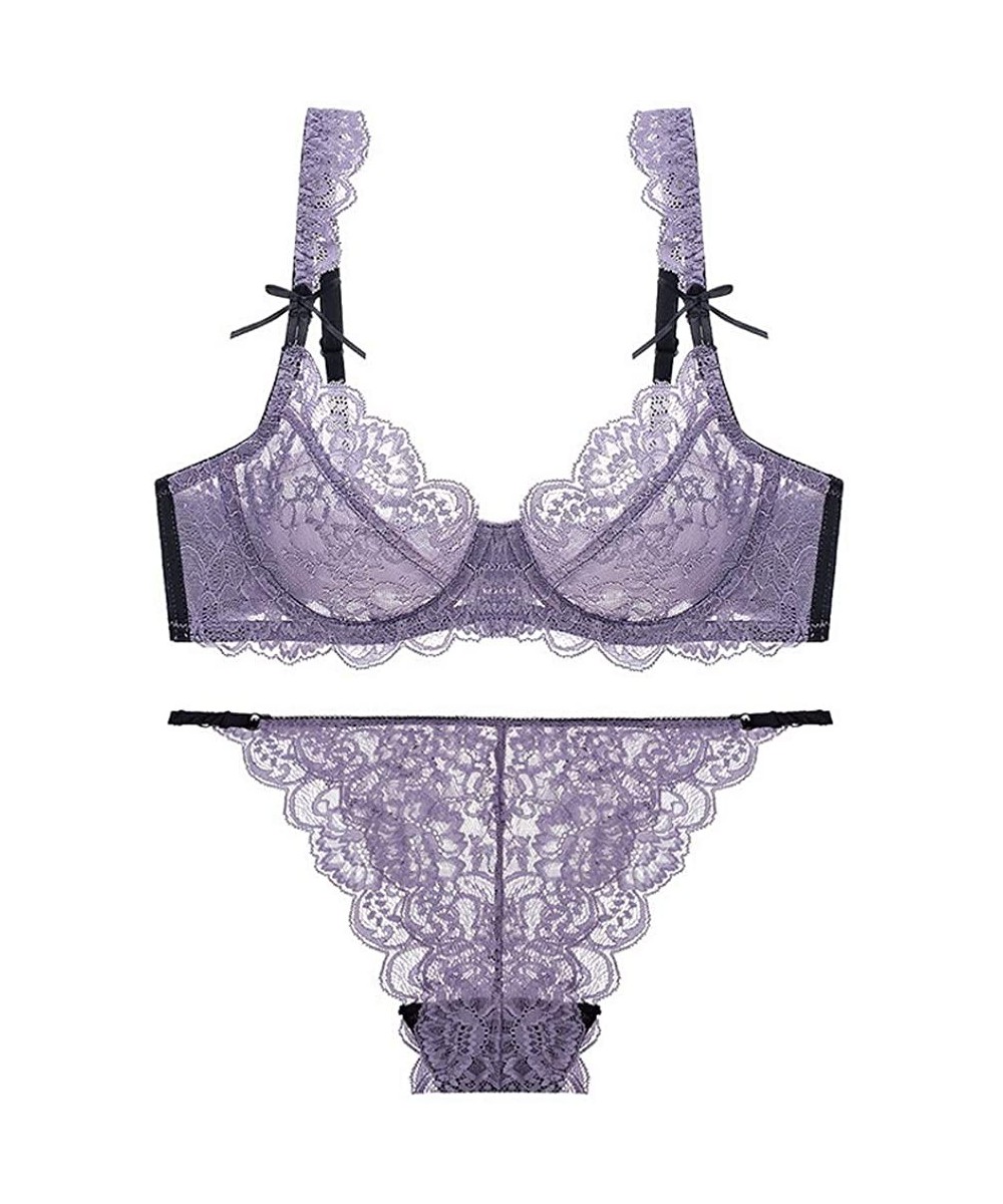 Bras Women's Floral Lace Bra and Panty Set Sexy Underwire Ultra-Thin Bra Set Transparent Lingerie Set - Purple - CE190YYAKI4