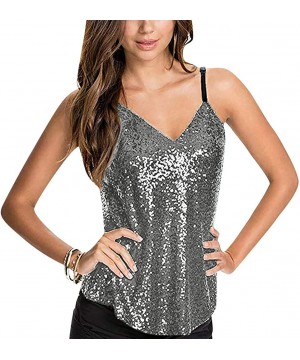 Tops Women's Summer Sequin Vest Sleeveless U-Neck Beaded Backless Top Sling T-Shirt - N-silver - C5194A8NLU3