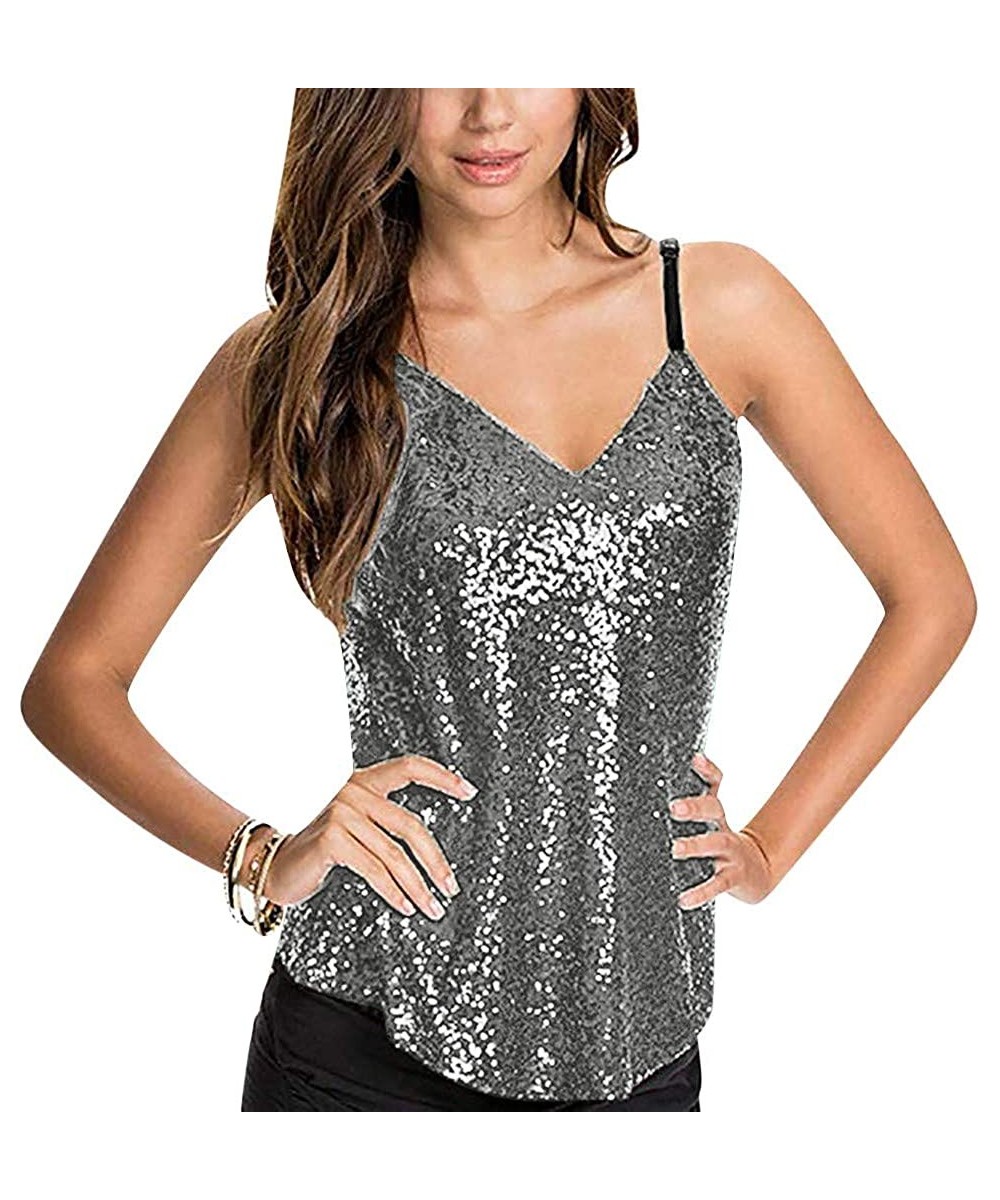 Tops Women's Summer Sequin Vest Sleeveless U-Neck Beaded Backless Top Sling T-Shirt - N-silver - C5194A8NLU3