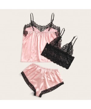 Sets Sexy Lingerie for Sex- 3PC Women Satin Lace Bowknot Silk Camisole Shorts Set Sleepwear Pajamas Lingerie - Pink - C518WON...