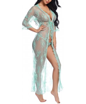 Baby Dolls & Chemises Womens Lingerie Lace Long Robe 3/4 Sleeve Sexy Sheer Kimono Mesh Nightgown for Sex - Green - CM18RHUA08E