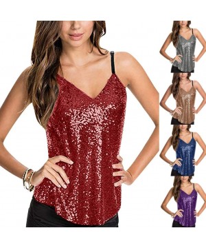 Tops Women's Summer Sequin Vest Sleeveless U-Neck Beaded Backless Top Sling T-Shirt - N-silver - C5194A8NLU3