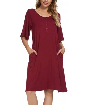 Nightgowns & Sleepshirts Women's Nightgowns Short Sleeve Nightshirts Sleep Night Shirts Soft Sleepwear - B-wine Red - CT19CS6...