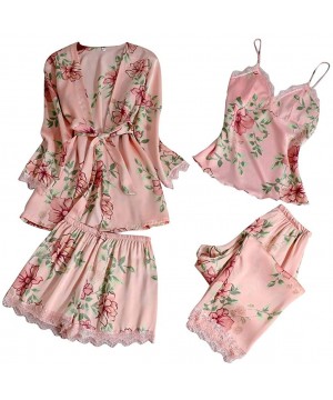 Robes Floral Print Silky Satin Pajamas Set Womens Fashion Sleepwear Set Camisole Kimono Robes Nightwear Set 4 Pieces Pink - C...