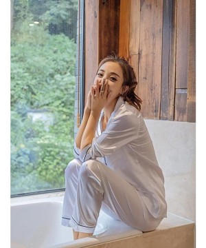 Sets Womens Silk Satin Pajamas Set Sleepwear Loungewear Plus Size Long Sleeve Button-Down Pj Set - White(long) - CZ18QAX6DEY