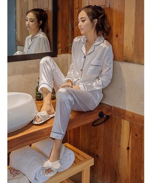 Sets Womens Silk Satin Pajamas Set Sleepwear Loungewear Plus Size Long Sleeve Button-Down Pj Set - White(long) - CZ18QAX6DEY