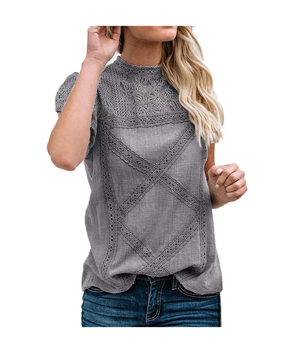 Thermal Underwear Women's Lace Patchwork Flare Ruffle Short-Sleeve T-Shirt Floral Shirt Top - Gray - CH18RXN7TG9