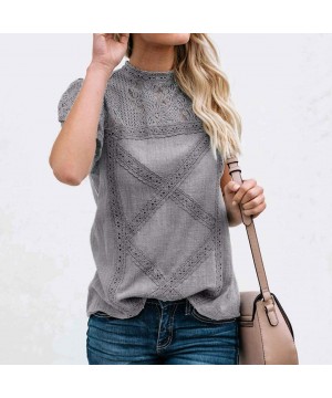 Thermal Underwear Women's Lace Patchwork Flare Ruffle Short-Sleeve T-Shirt Floral Shirt Top - Gray - CH18RXN7TG9