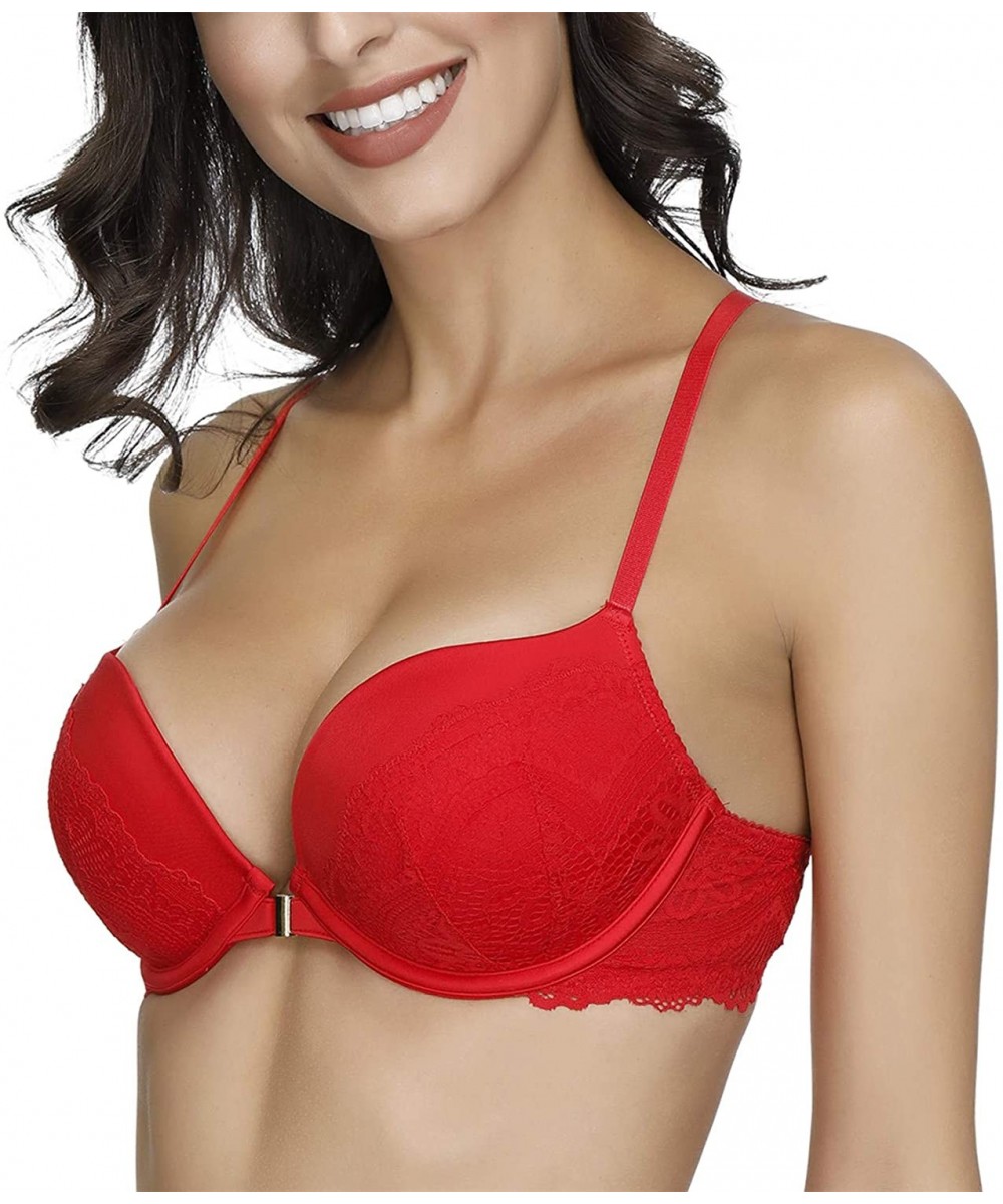 Bras Women's Front Closure Bras Underwired Padded T Back Bra 32B-36E - Red - CY18AGWYM7E