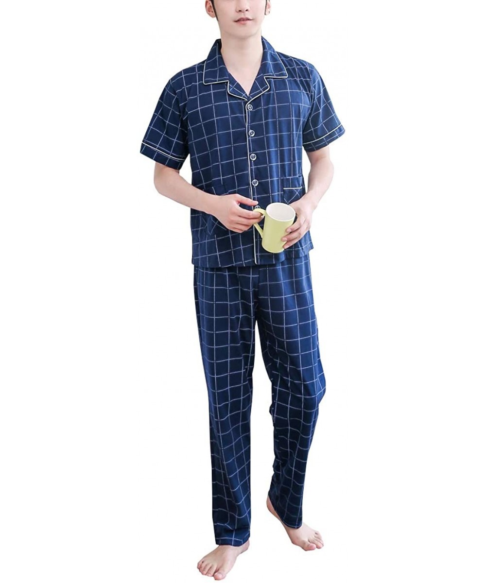 Sleep Sets Sleepwear Men Pure Cotton Short Sleeve Pajama Summer - Dark Blue - CF193O2GERH