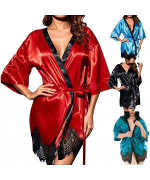 Robes PJ Women's Sexy Silk Kimono Dressing Babydoll Lace Lingerie Bath Robe Nightwear - Dark Blue - CH18H6MTXD9