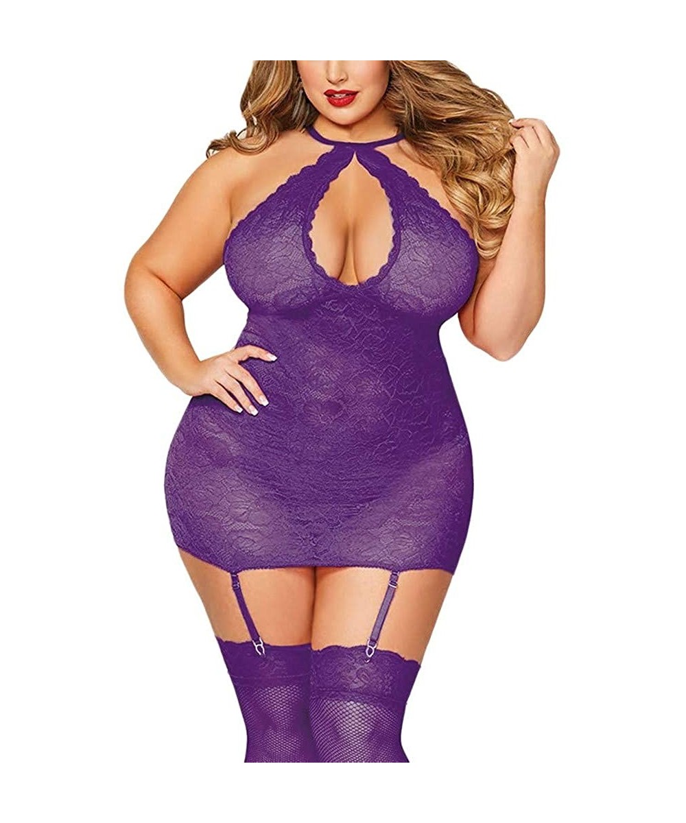 Baby Dolls & Chemises Womens Plus Size Lingerie-Sexy Lace Babydoll Sexy V Neck Sleepwear - Purple - CN18RWNCEW6