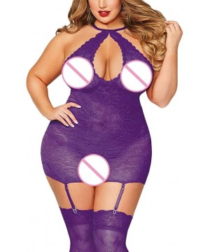 Baby Dolls & Chemises Womens Plus Size Lingerie-Sexy Lace Babydoll Sexy V Neck Sleepwear - Purple - CN18RWNCEW6