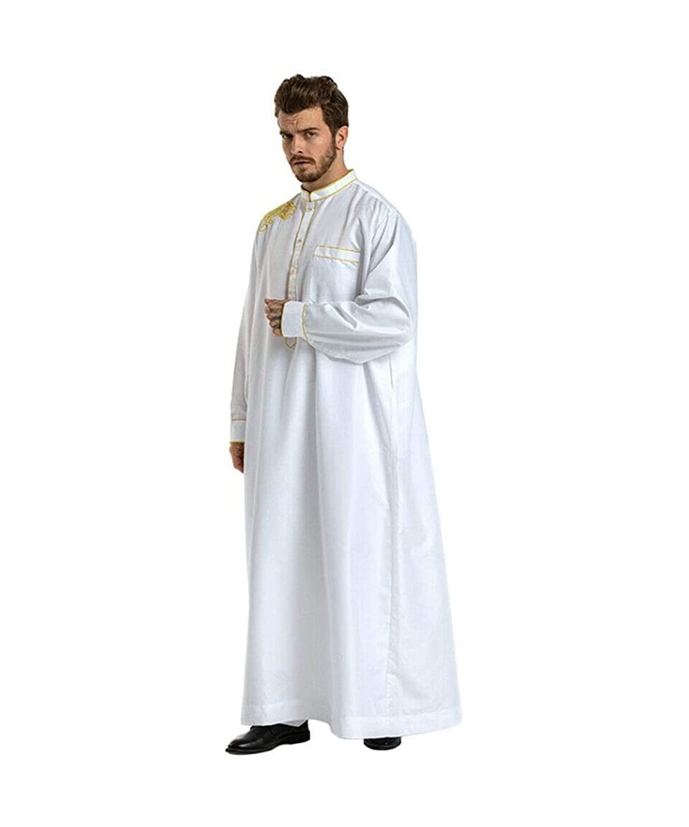 Robes Men Islamic Arab Muslim Kaftan Middle East Robes Long Sleeve Thobe - White - CY1908OZT6L