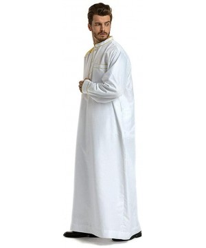 Robes Men Islamic Arab Muslim Kaftan Middle East Robes Long Sleeve Thobe - White - CY1908OZT6L