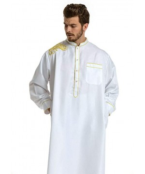 Robes Men Islamic Arab Muslim Kaftan Middle East Robes Long Sleeve Thobe - White - CY1908OZT6L