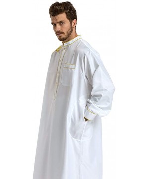 Robes Men Islamic Arab Muslim Kaftan Middle East Robes Long Sleeve Thobe - White - CY1908OZT6L