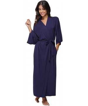 Robes Women's Long Kimono Robe Cotton Nightgowns Soft Sleepwear Wrap Bathrobe Loungewear - Navy - CP17YHX5XNZ