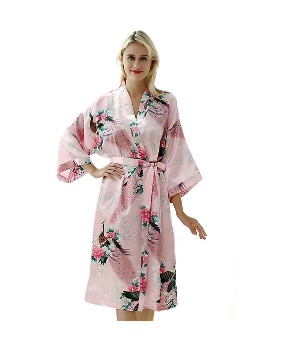 Robes Floral Pattern Kimono Long Bathrobe for Women - Pink - C518TTYN5O8