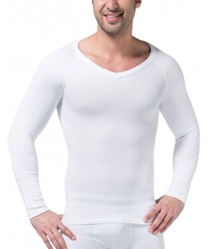 Undershirts Men's Short Sleeve Slim Fit V-Neck Seamless Compression T-Shirt Tops Undershirts (White-Longsleeve- Medium) - C91...