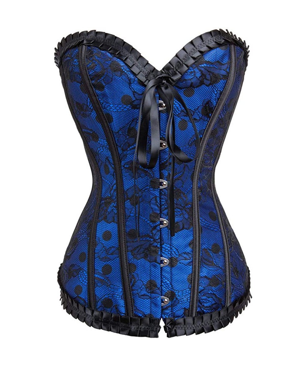 Bustiers & Corsets Womens Sexy Bustiers Floral Lace Gothic Corset Dot Satin Overbust Waist Cinchers - Blue - CR18SXAEZ9T