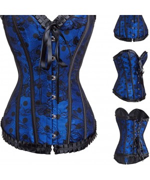 Bustiers & Corsets Womens Sexy Bustiers Floral Lace Gothic Corset Dot Satin Overbust Waist Cinchers - Blue - CR18SXAEZ9T