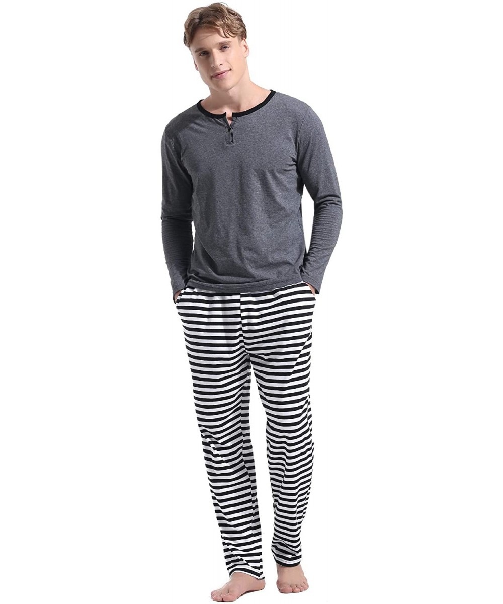 Sleep Sets Mens Cotton Striped Sleepwear Long Sleeve Top & Bottom Pajama Set - Gray - CE18ISKM2L3