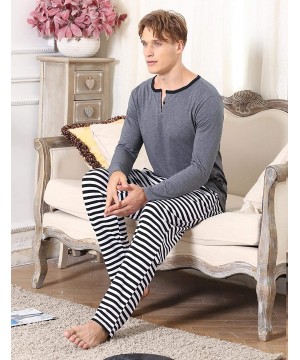 Sleep Sets Mens Cotton Striped Sleepwear Long Sleeve Top & Bottom Pajama Set - Gray - CE18ISKM2L3