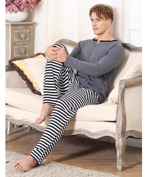 Sleep Sets Mens Cotton Striped Sleepwear Long Sleeve Top & Bottom Pajama Set - Gray - CE18ISKM2L3