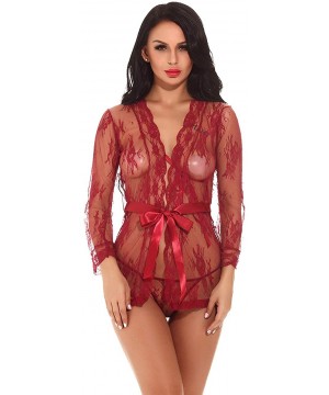 Baby Dolls & Chemises Women Plus Size Lace Babydoll Lingerie Set Mesh Chemise - Red - C018WHI3RI2