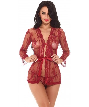 Baby Dolls & Chemises Women Plus Size Lace Babydoll Lingerie Set Mesh Chemise - Red - C018WHI3RI2