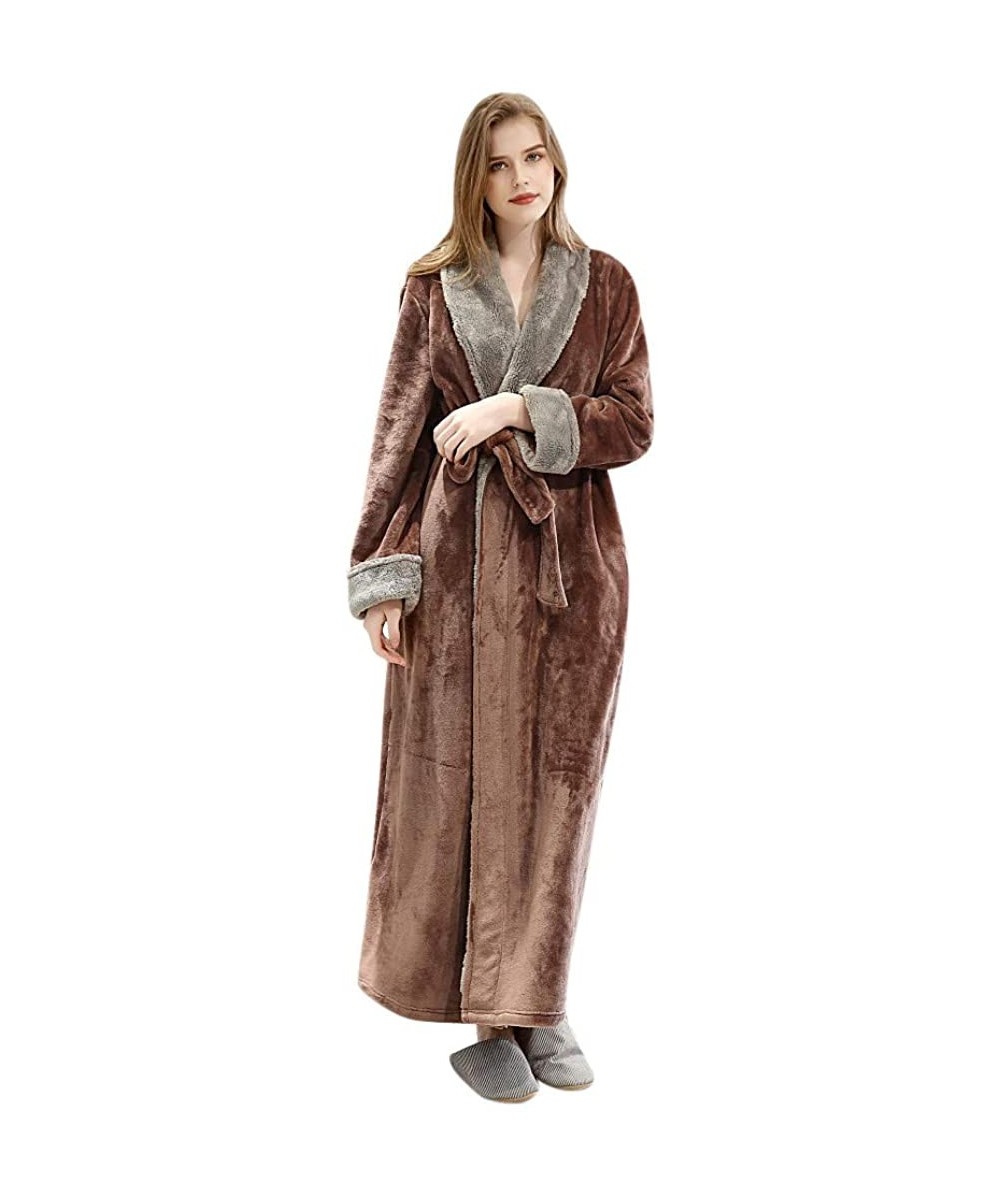 Robes Women Fleece Robe Kimono Sleepwear Ladies Long Sleeve Splice Thicken Bathrobe Loungewear Pajamas - Coffee - CS194E3EZK9