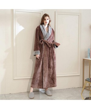 Robes Women Fleece Robe Kimono Sleepwear Ladies Long Sleeve Splice Thicken Bathrobe Loungewear Pajamas - Coffee - CS194E3EZK9