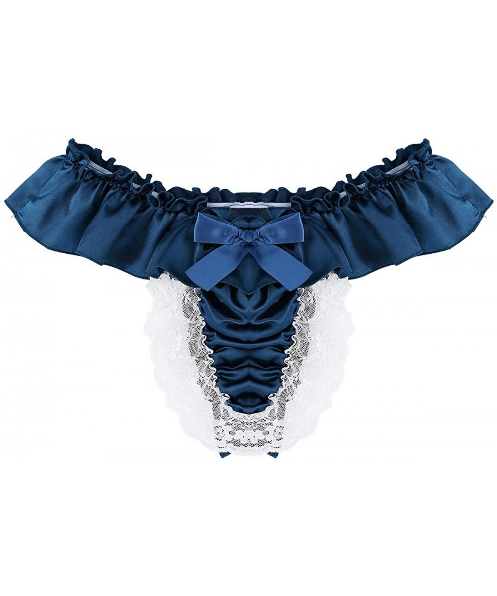 Briefs Men's Shiny Ruffles Satin Floral Lace Trim Low Rise Skirted Briefs Sissy Bulge Pouch Underwear Panties - Navy Blue - C...