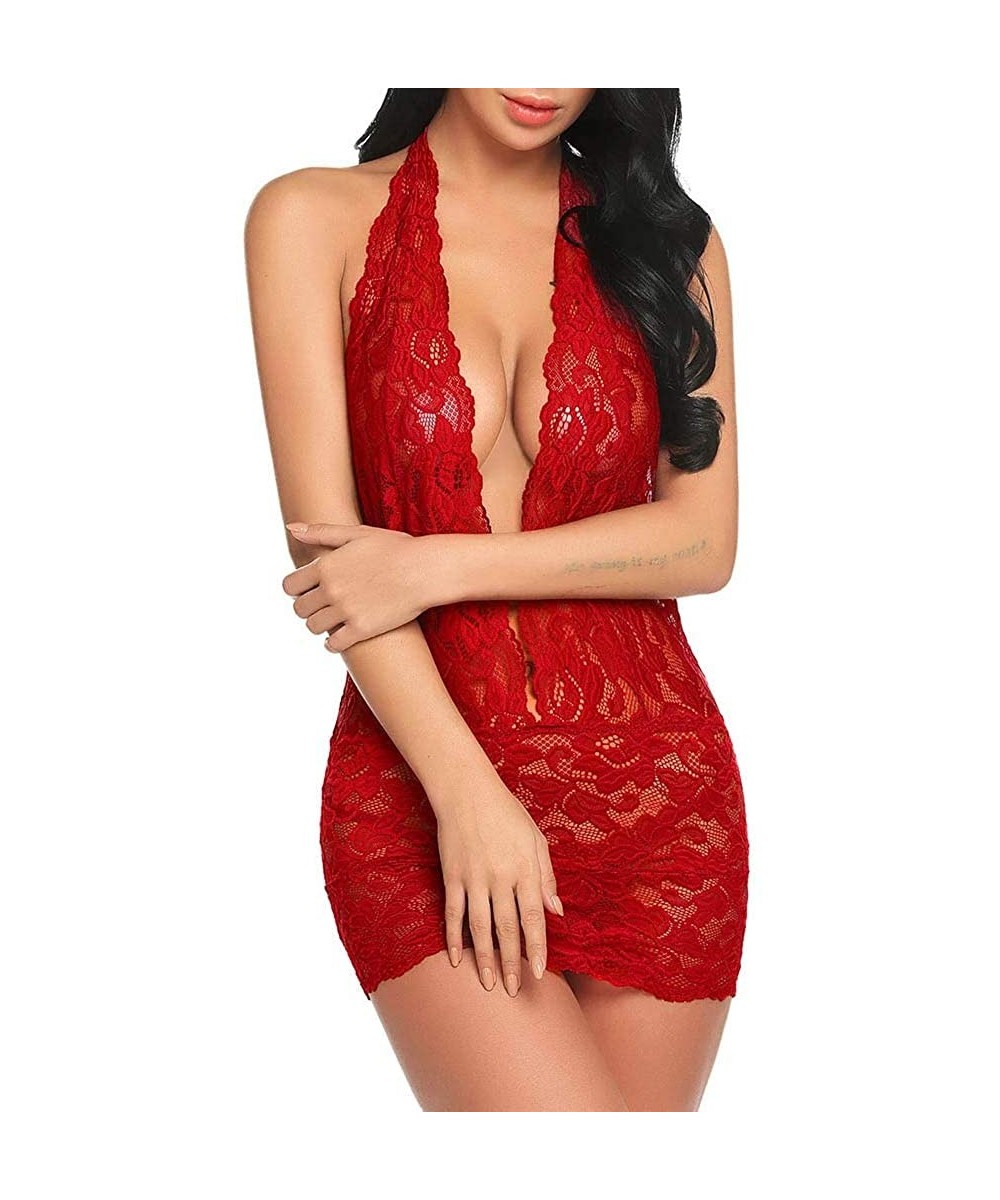 Baby Dolls & Chemises New Women Lace Nightdress Lingerie Sexy Deep V Halter One Piece Babydoll Nightdress - Red - CW199XGQGUU