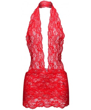 Baby Dolls & Chemises New Women Lace Nightdress Lingerie Sexy Deep V Halter One Piece Babydoll Nightdress - Red - CW199XGQGUU