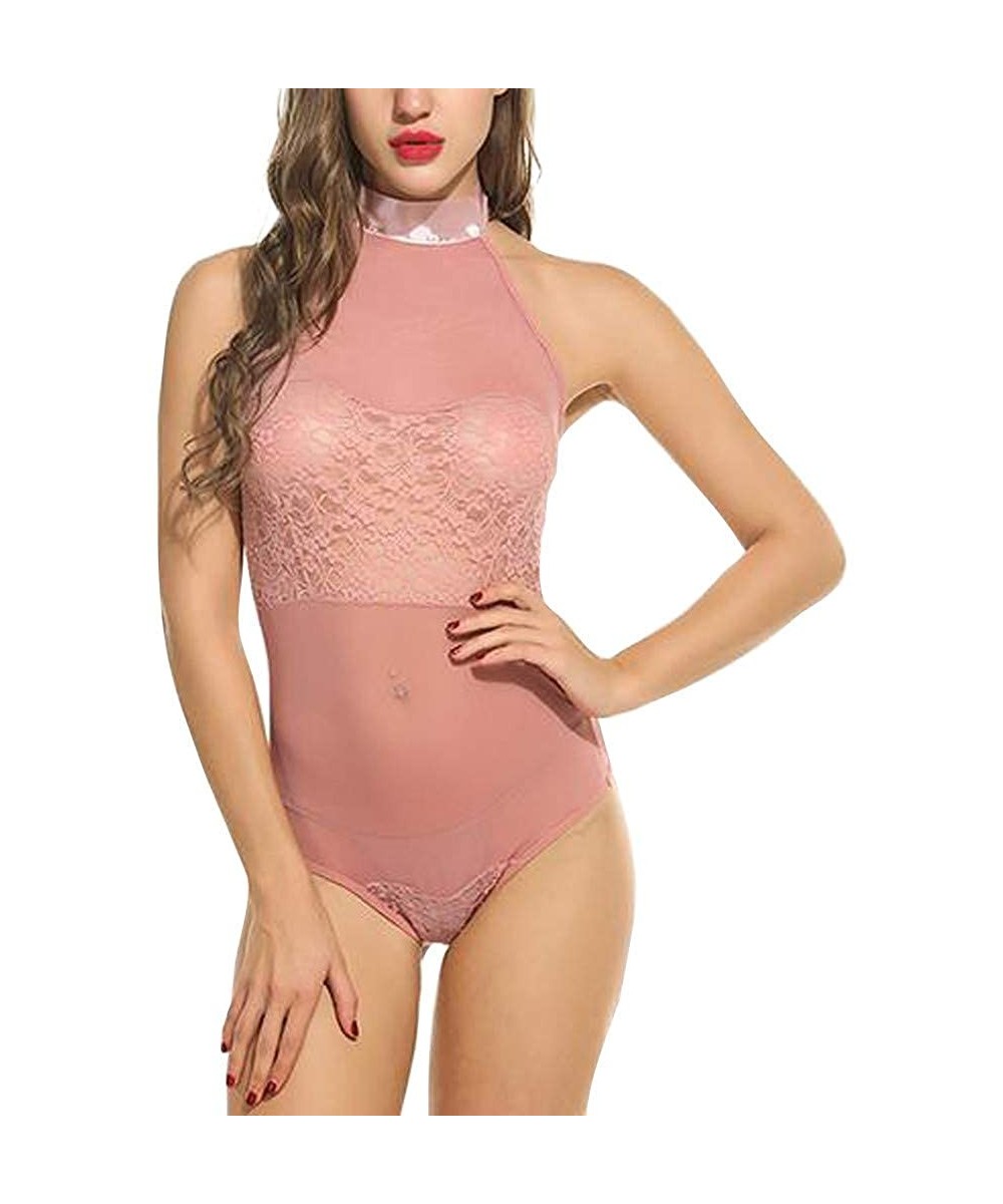 Baby Dolls & Chemises Women Sexy Lingerie Lace One Piece Halter Sheer Mesh Thong Bodysuit Babydoll Jumpsuit Underwear - Pink ...