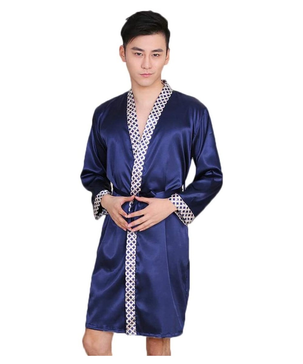 Robes Summer Men's Silk Nightgown Men's Long Sleeve Bathrobes Kimono Nightgown Home Air Conditioning Room (Blue- Size M) - Bl...