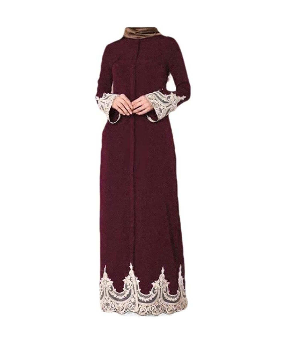 Robes Women Arab Islamic Muslim Lace Patchwork Stylish Dubai Kaftan Long Dress - Red - C619999IAK5